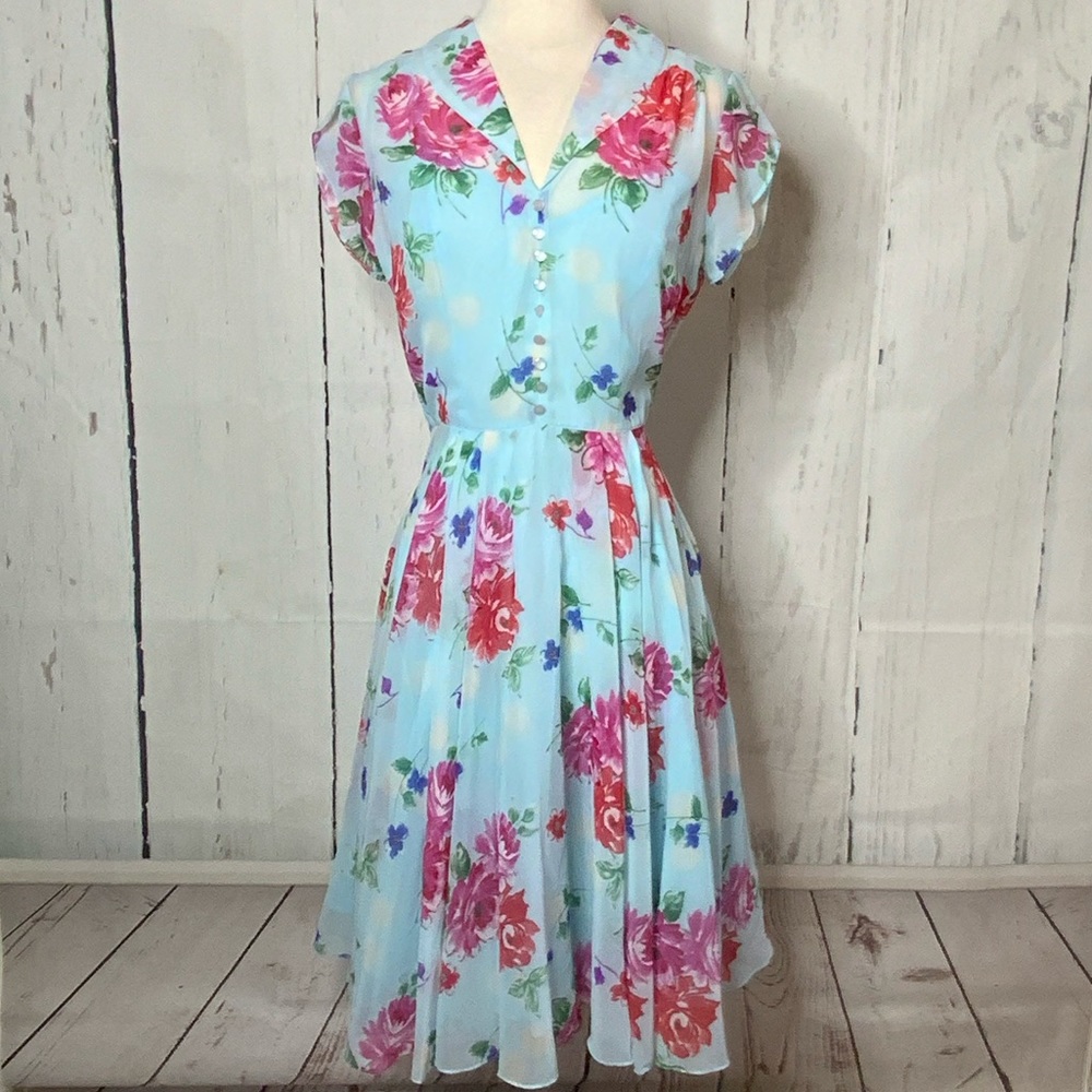 Light Blue Floral Midi Dress with Pink Roses
